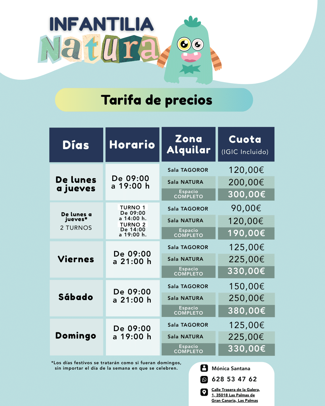 Precios del espacio Infantilia Natura para eventos en Las Palmas